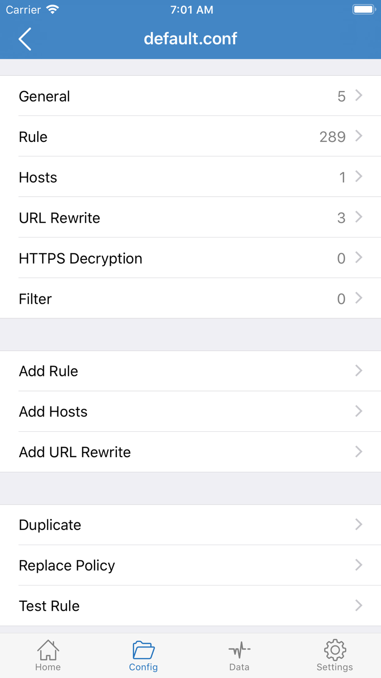 Shadowrocket 的 Config 設定檔編輯頁面，列出 General、Rule、Hosts、URL Rewrite、HTTPS Decryption 區段和 Add Rule