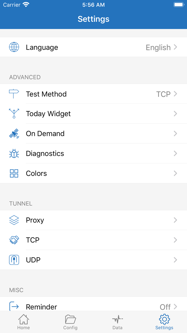 Shadowrocket 的 Settings 頁面，包含 Language、Test Method、Today Widget、On Demand、Diagnostics、Proxy、TCP 和 UDP