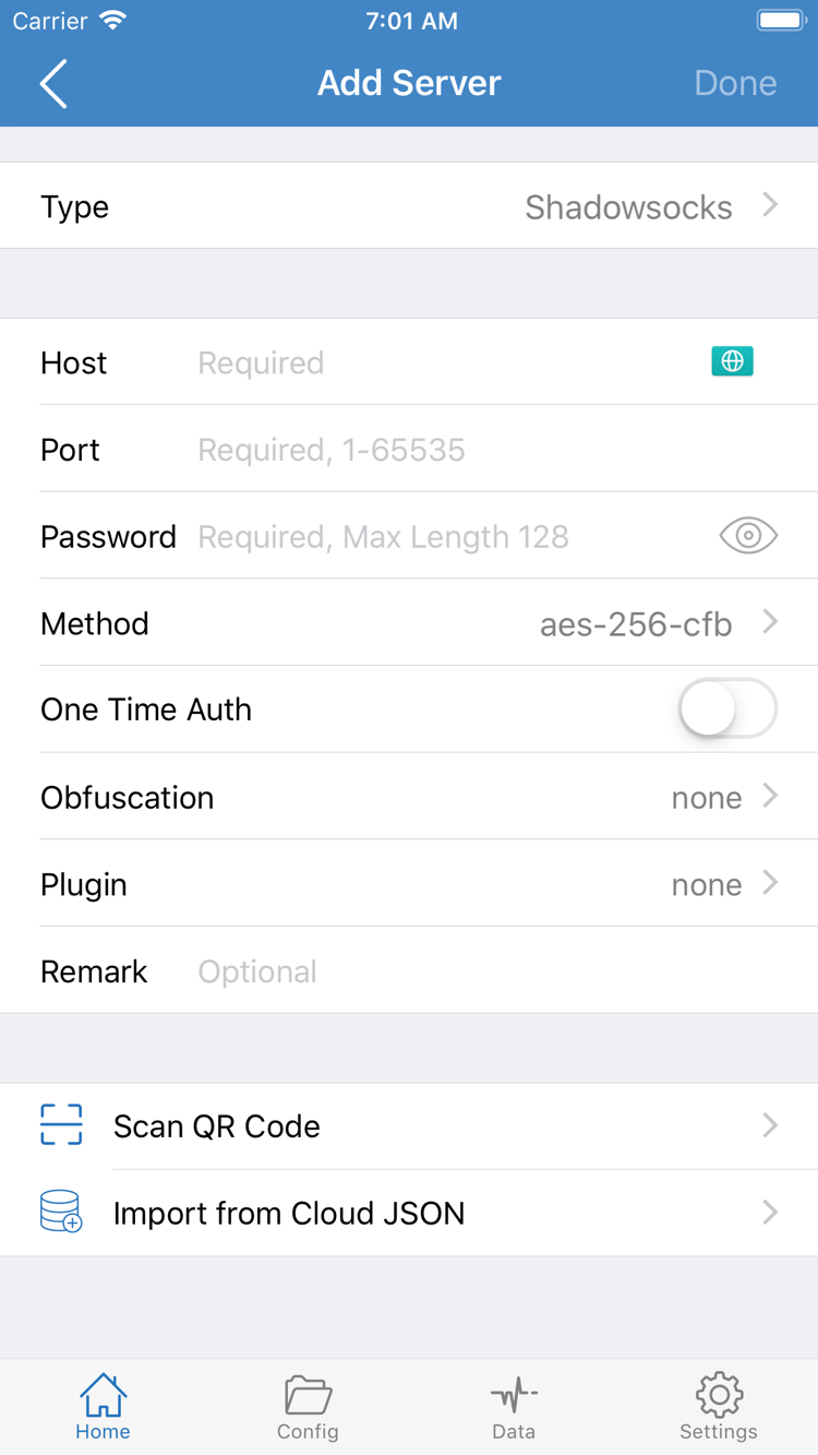 Shadowrocket Add Serverの公式スクリーンショット：Type、Host、Port、Password、Methodの各項目とインポート方法